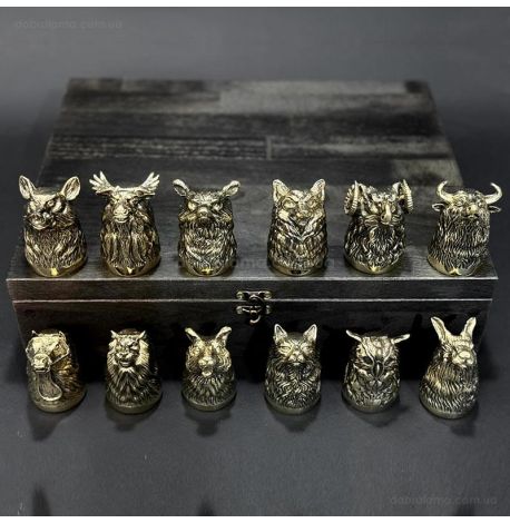 Набор бронзовых стопок «Охотничьи» (12 шт) в деревянном кейсе