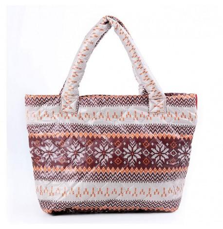 Дутая болоньевая женская сумка Poolparty с зимним узором (коричневая)